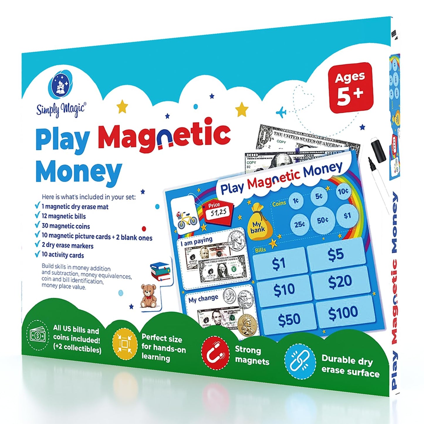 Simply Magic 67-Piece Magnetic Play Money Set for Classroom Learning