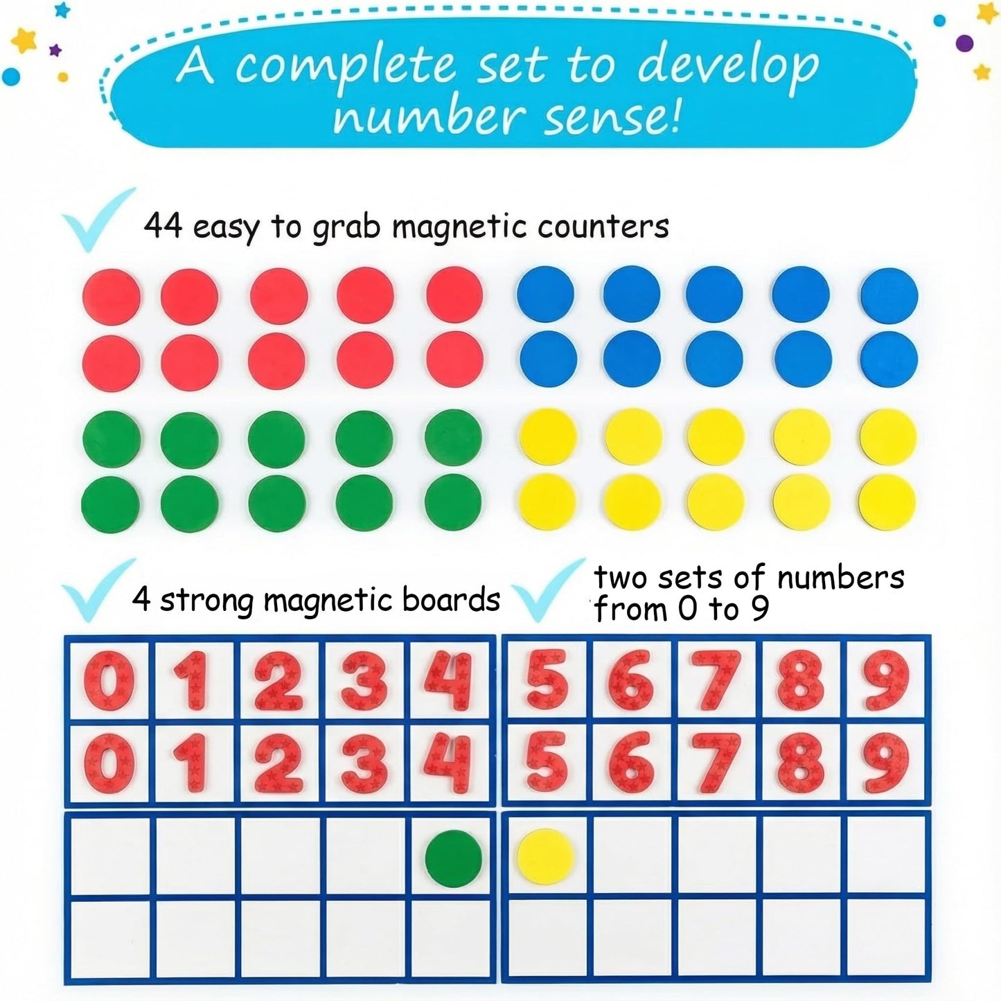 Simply Magic 70-Piece Magnetic Ten Frames Set | Jumbo Classroom Math Manipulatives (4 Ten Frames + 44 Counters)