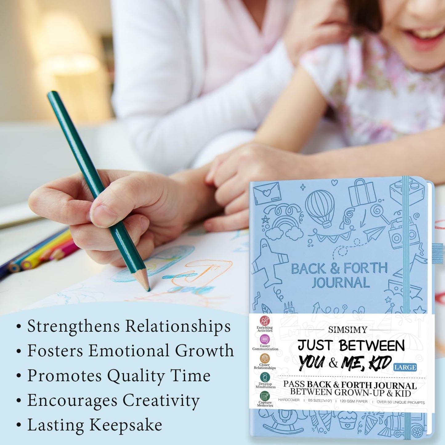 SIMSIMY Just Between You and Me Kid Journal – Interactive Parent-Child Prompts (7x10, Light Blue)