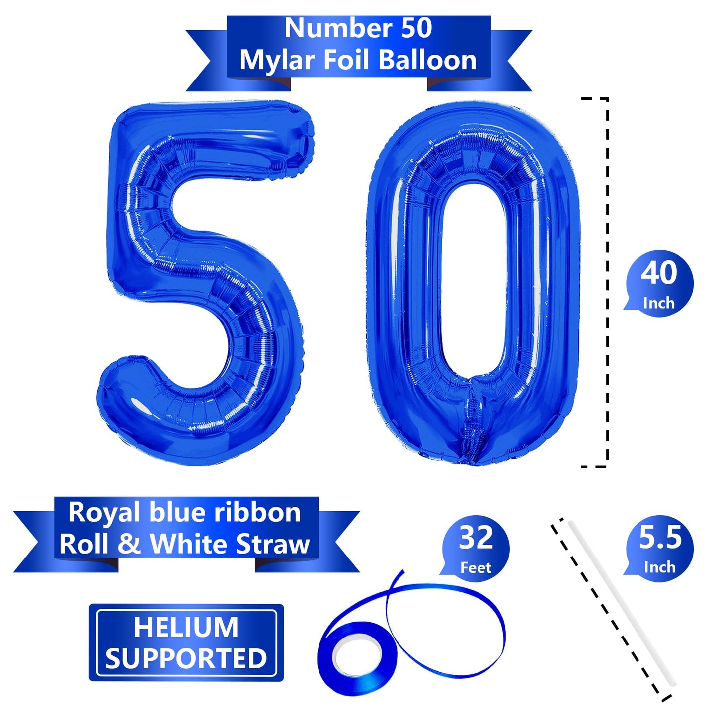 SINBEE 40 Inch Navy Blue 50 Number Balloons – Giant Mylar Foil 0 & 5 for 50th Birthday