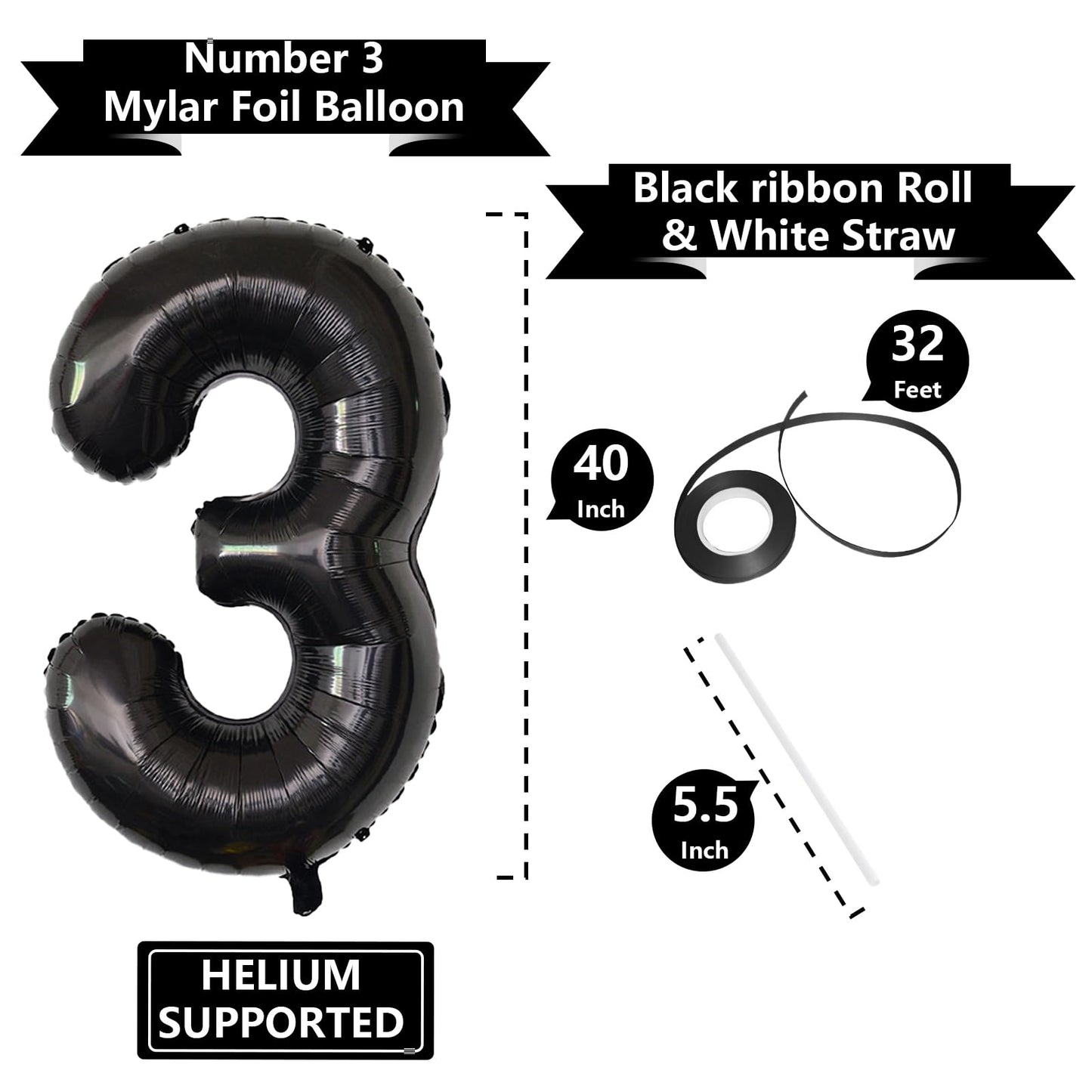 SINBEE 40-Inch Black 3-Number Balloon for Birthdays & Events