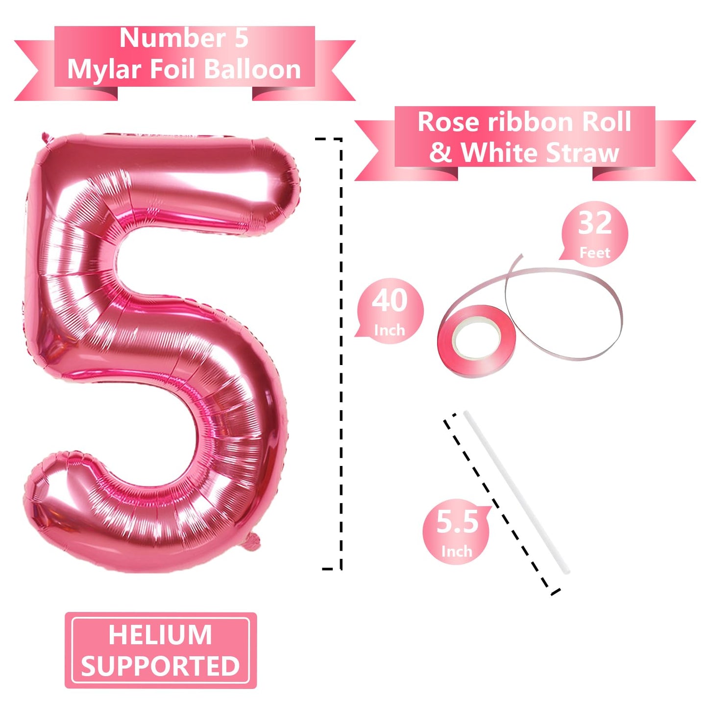 SINBEE 40-Inch Giant Hot Pink Number 5 Balloon – Foil Mylar Birthday Decor
