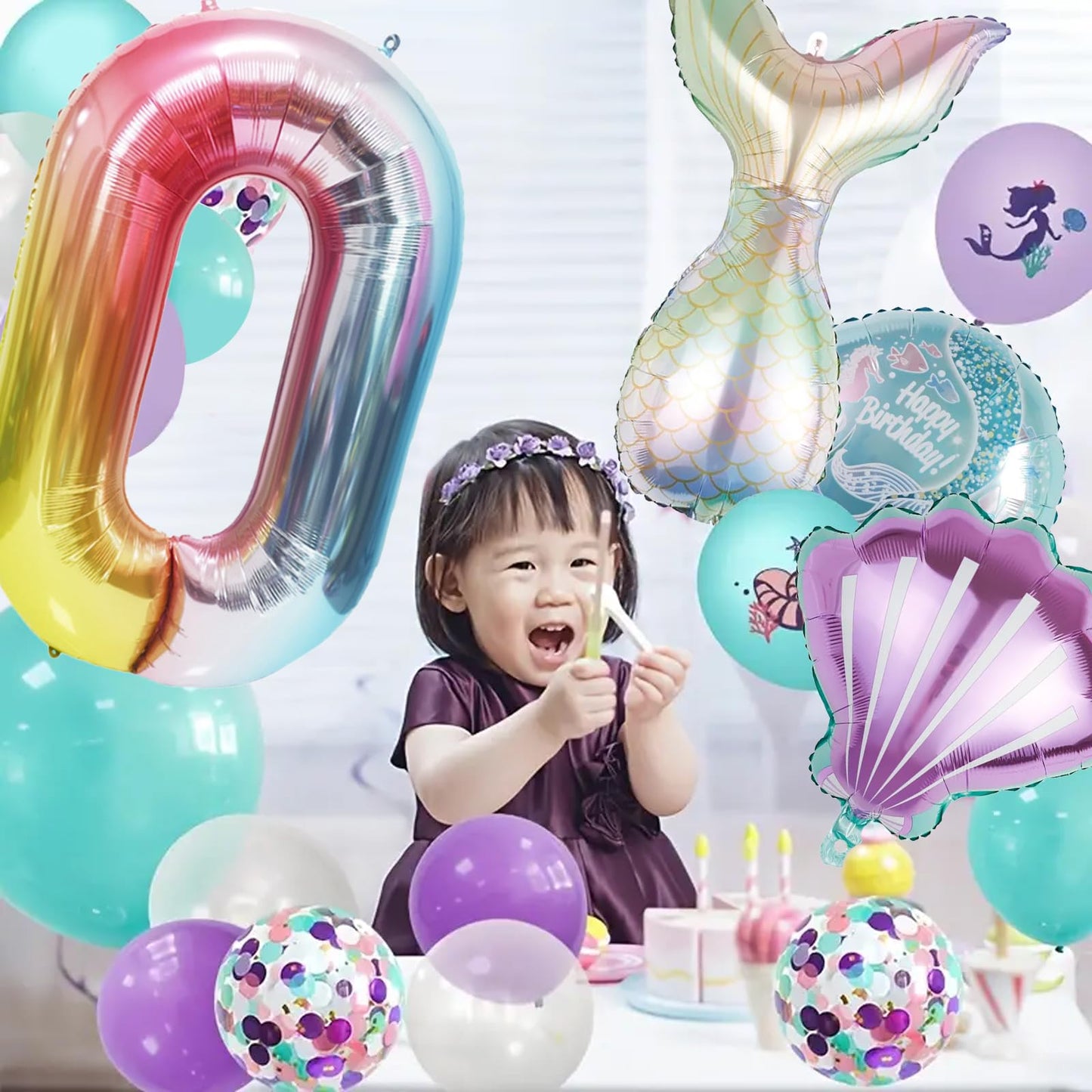 SINBEE Mermaid Birthday Decorations – 40in Number Balloon Kit with Mermaid Tail & Shell Balloons