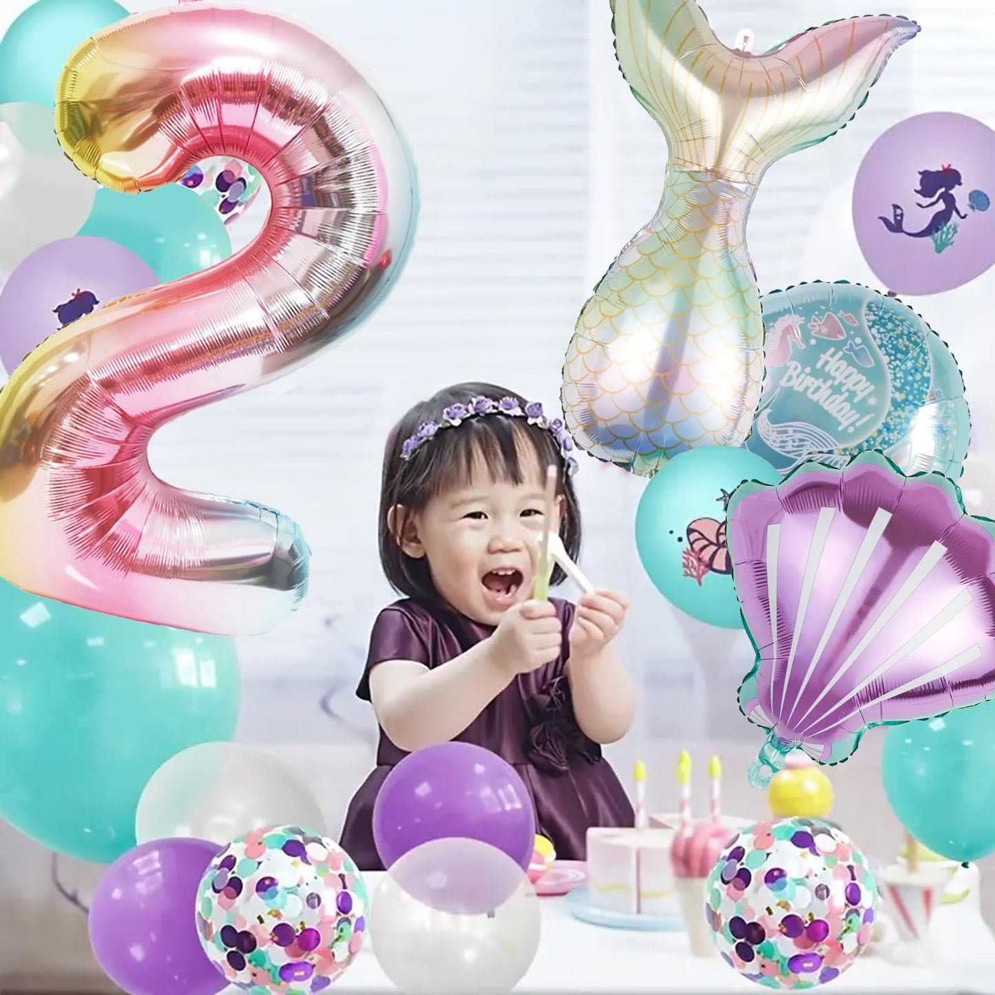 SINBEE Mermaid Birthday Decoration – 40-Inch Mermaid Foil Number Balloons for Under-the-Sea Parties