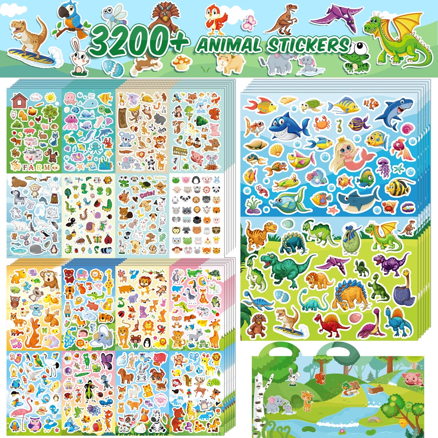 Sinceroduct 3200+ Sticker Set for Kids – 102 Sheets Cartoon Animal Stickers for Toddlers, Rewards & Craft Decor