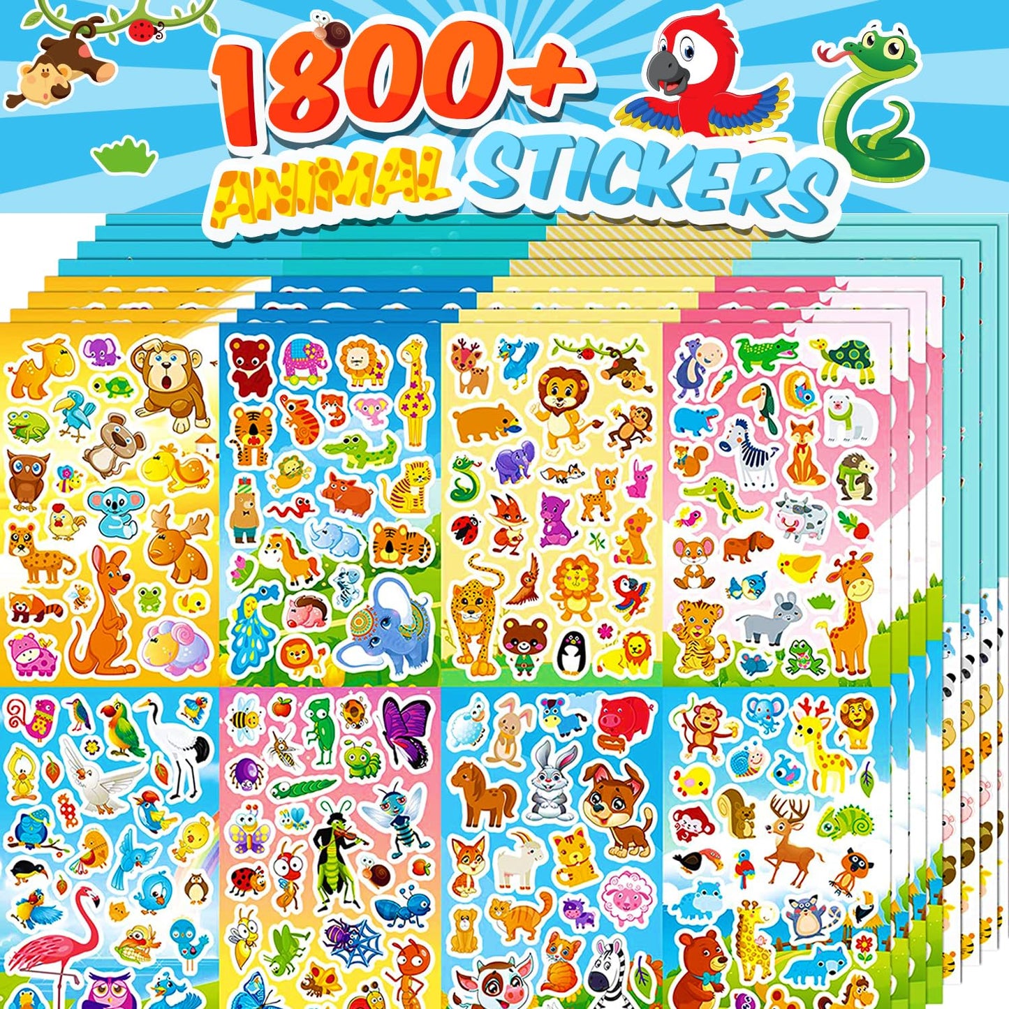 Sinceroduct 64 Sheets Animal Stickers for Kids – 1800+ Waterproof Stickers, 16 Animal Themes, Water Bottles, Scrapbooking & Classroom Fun