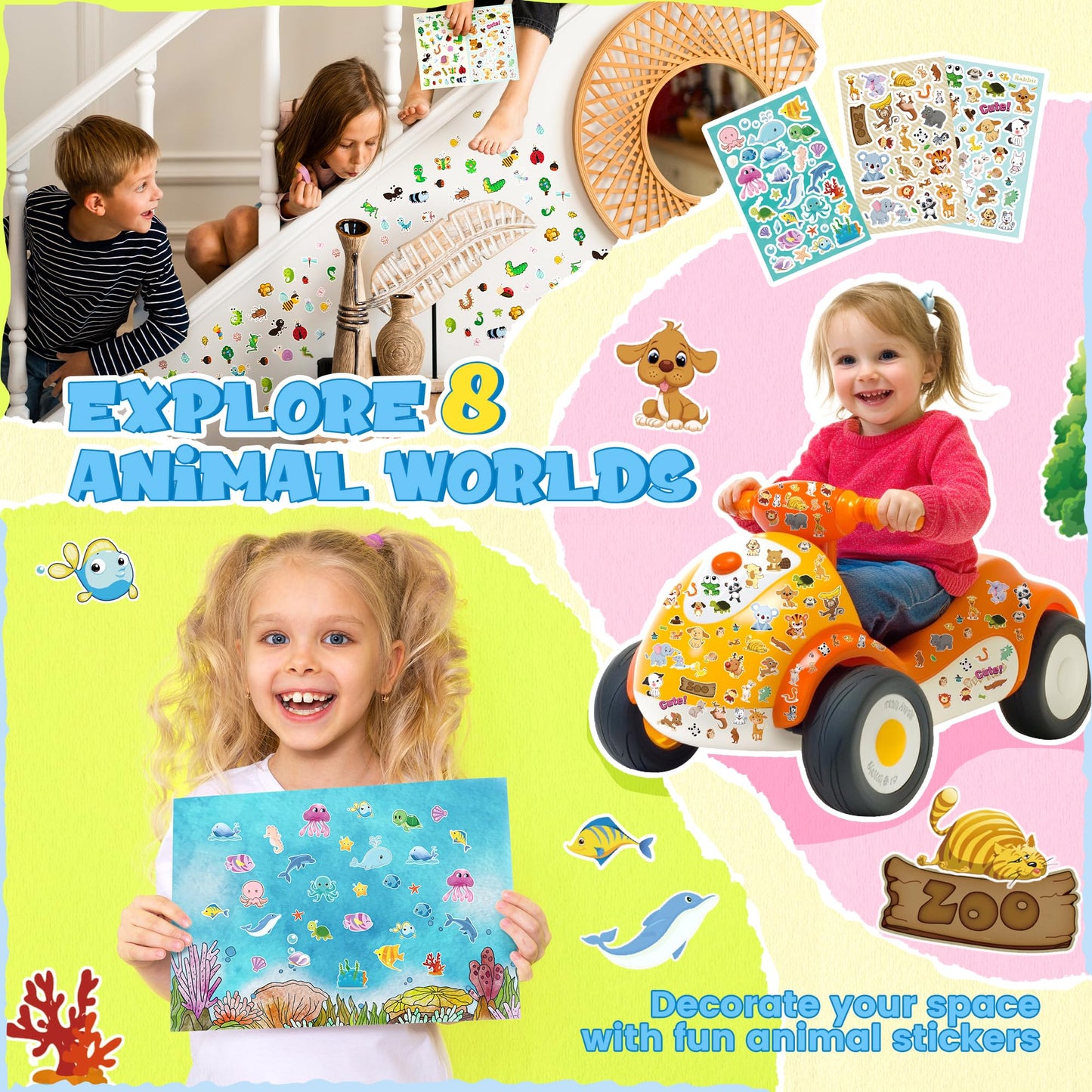 Sinceroduct 1300+ Animal Stickers for Kids – 8 Sheets for Crafts