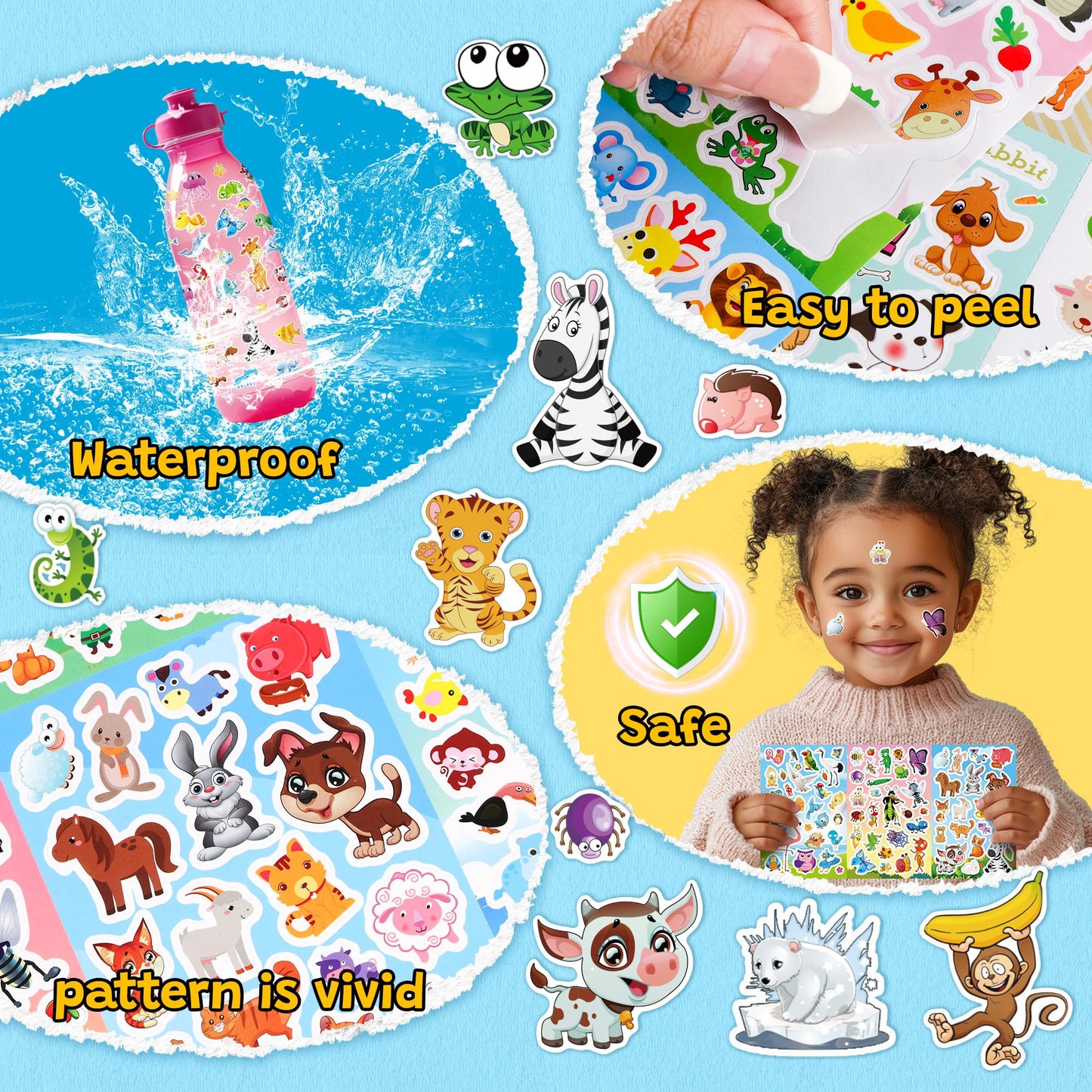 Sinceroduct 64 Sheets Animal Stickers for Kids – 1800+ Waterproof Stickers, 16 Animal Themes, Water Bottles, Scrapbooking & Classroom Fun