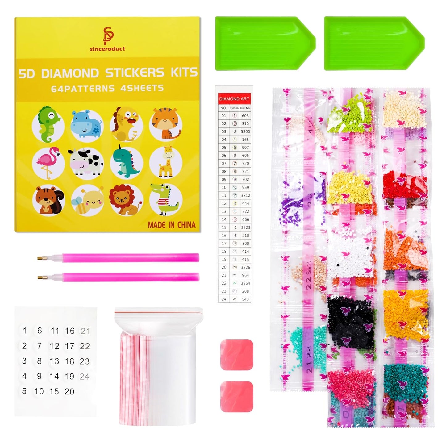 Sinceroduct Sparkling 5D Diamond Sticker Kit — 64-Piece Animal & Dinosaur DIY Diamonds, Eco-Friendly & Reusable Art