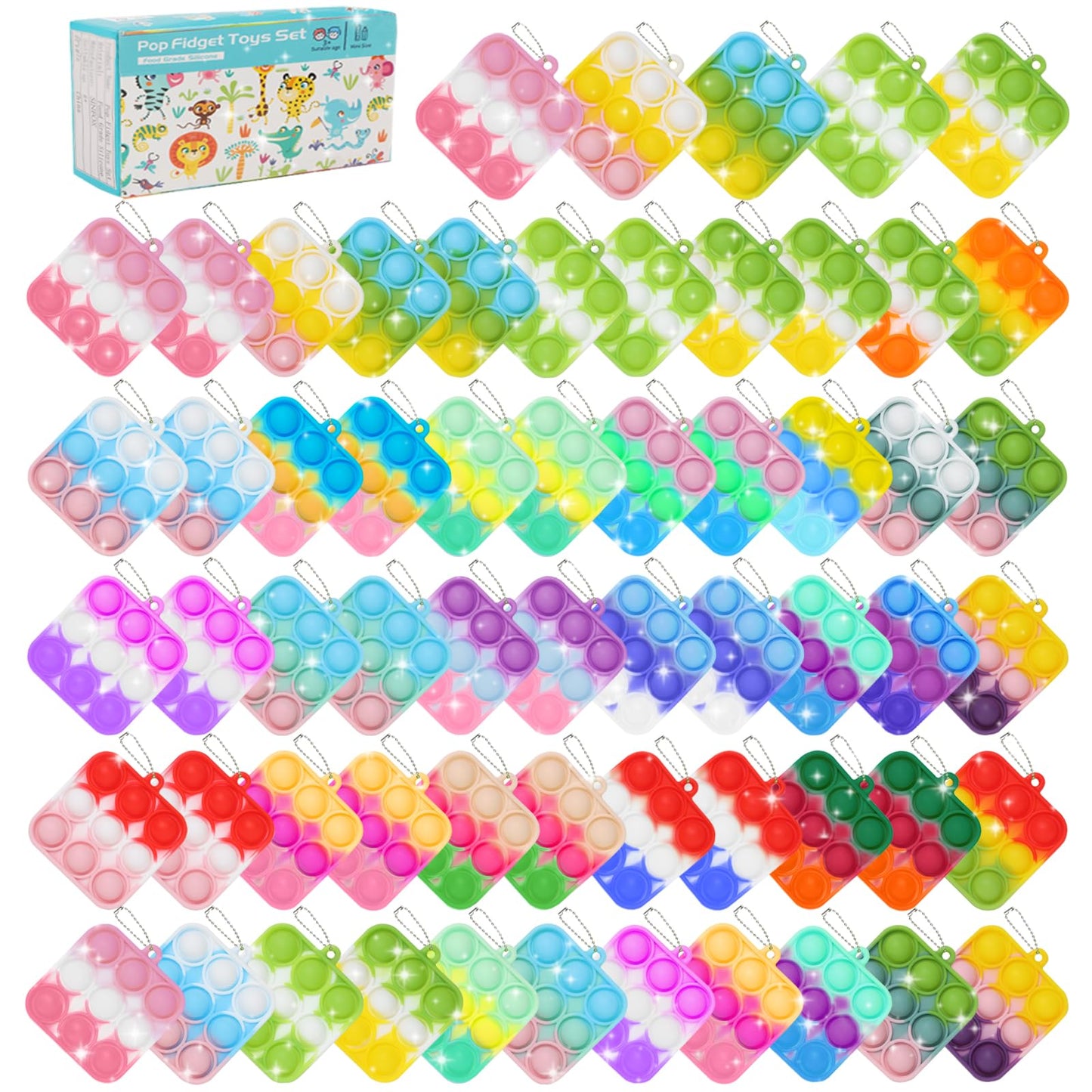 SINFOX 57PCS Fidget Party Favors for Kids | Bulk Mini Pop Keychains, Classroom Prizes, Goody Bag Stuffers