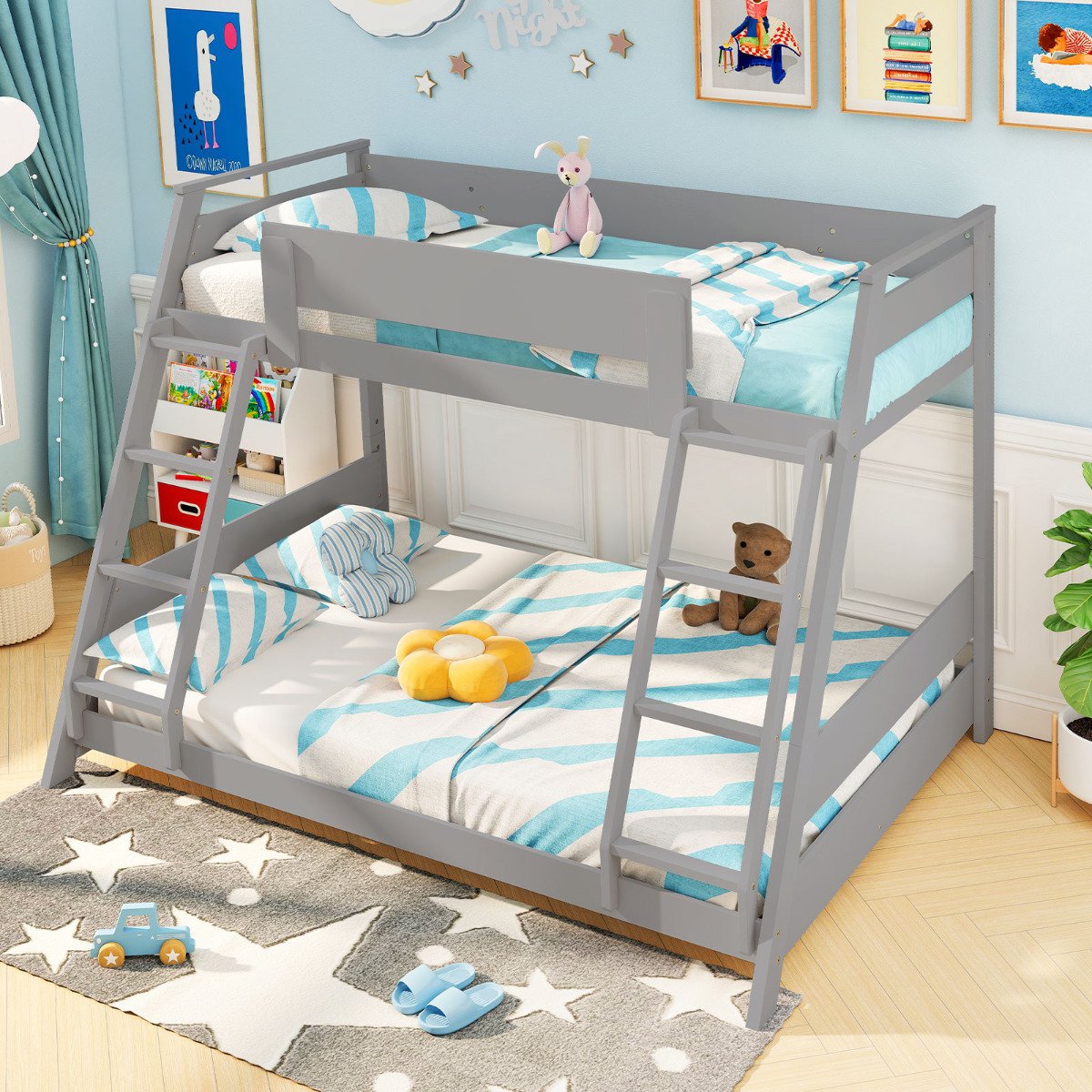 Single Over Double Bunk Bed with Ladders and Safety Guardrails-Grey