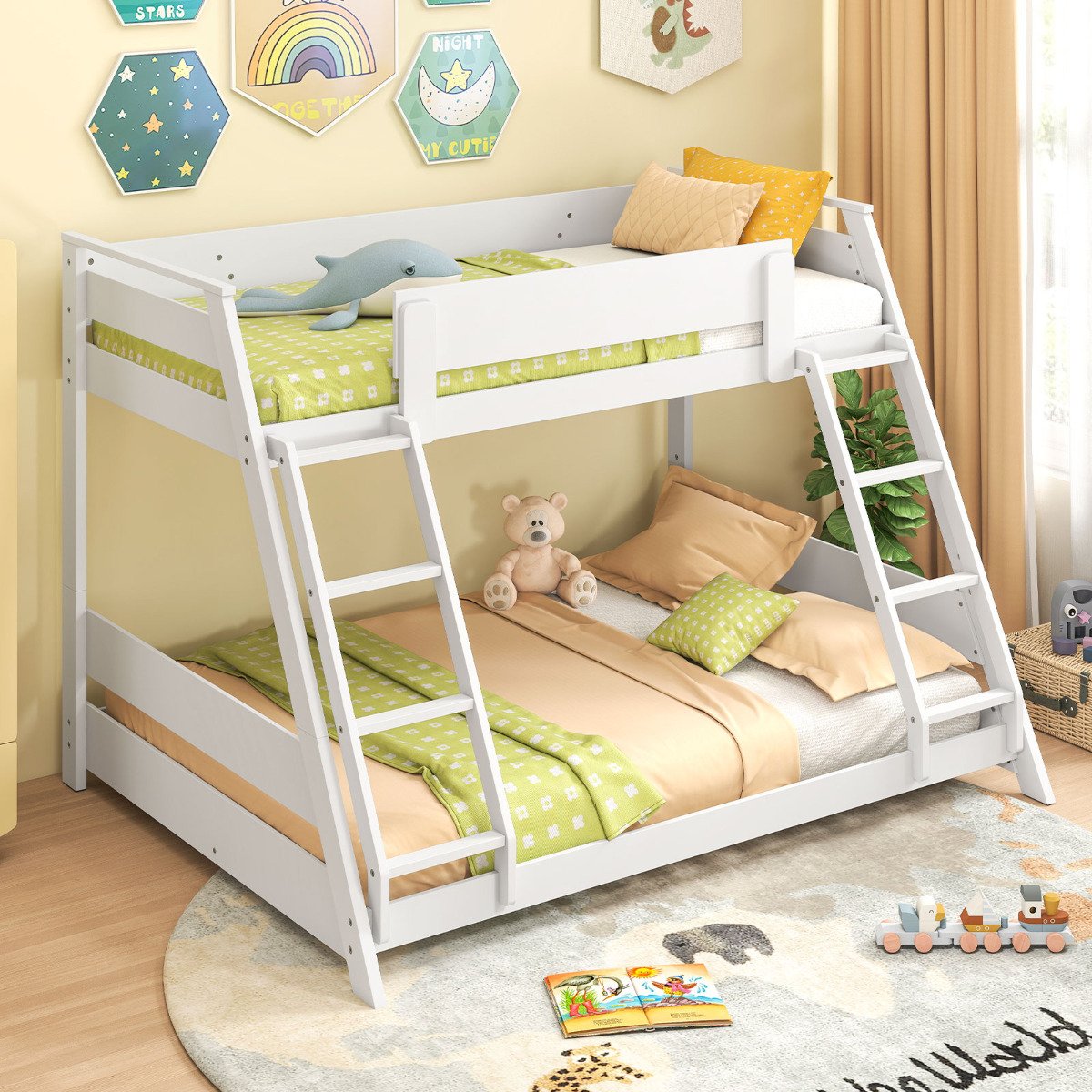 Single Over Double Bunk Bed with Ladders and Safety Guardrails-Grey