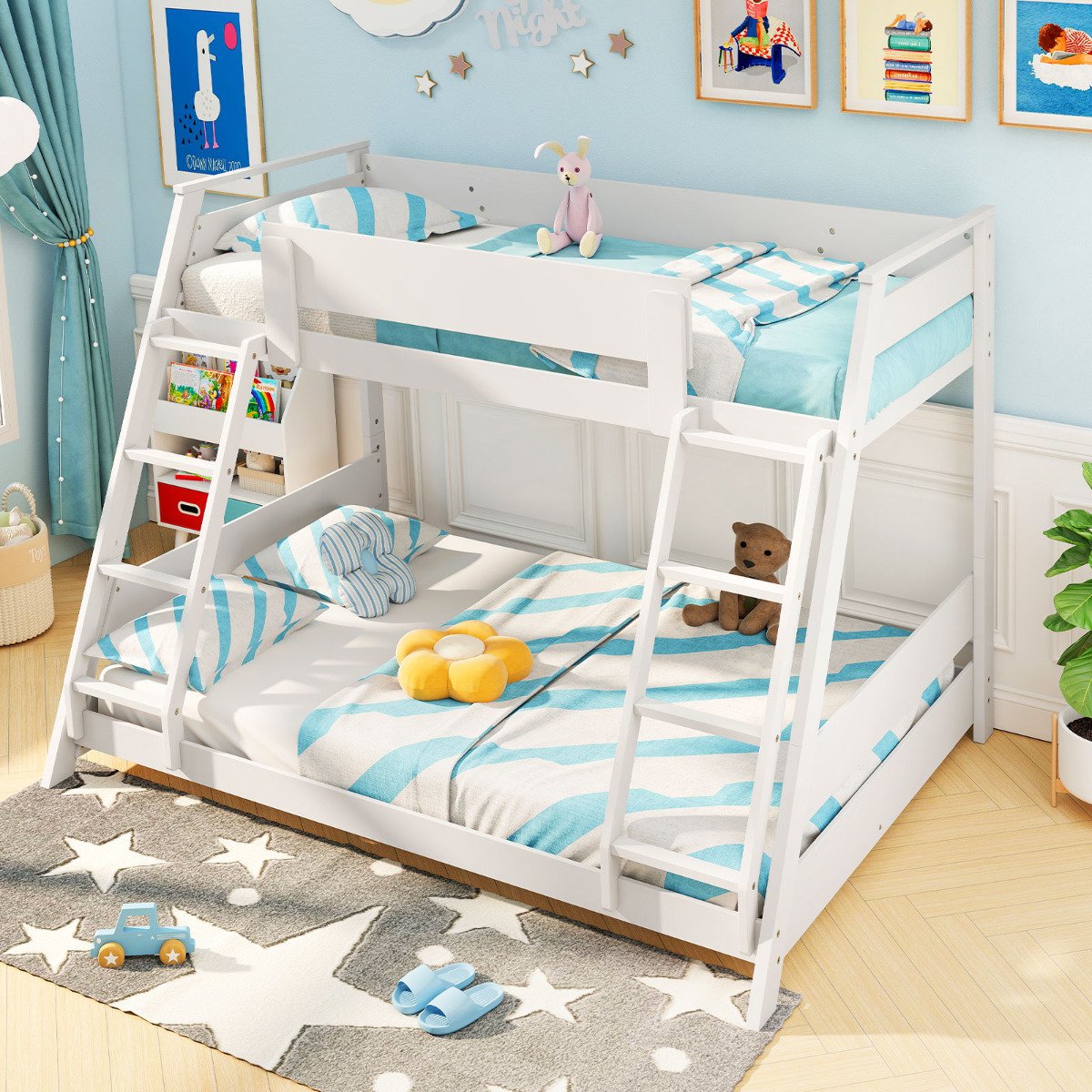 Single Over Double Bunk Bed with Ladders and Safety Guardrails-Grey