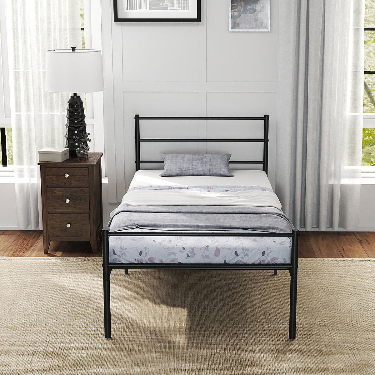 Single Size Modern Bed Frame with Metal Slat Support-Silver
