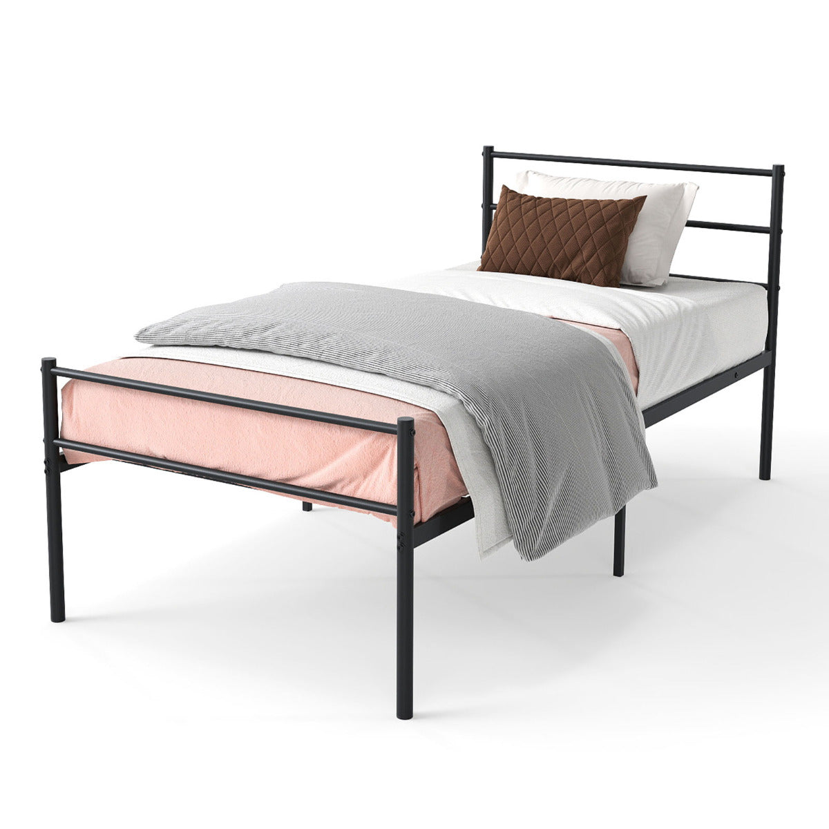 Single Size Modern Bed Frame with Metal Slat Support-Silver