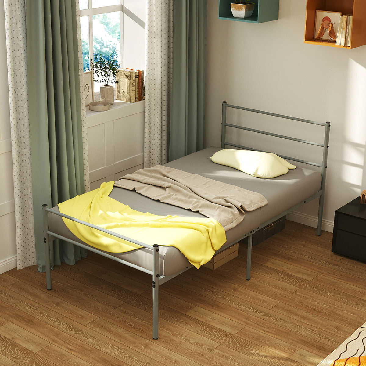 Single Size Modern Bed Frame with Metal Slat Support-Silver