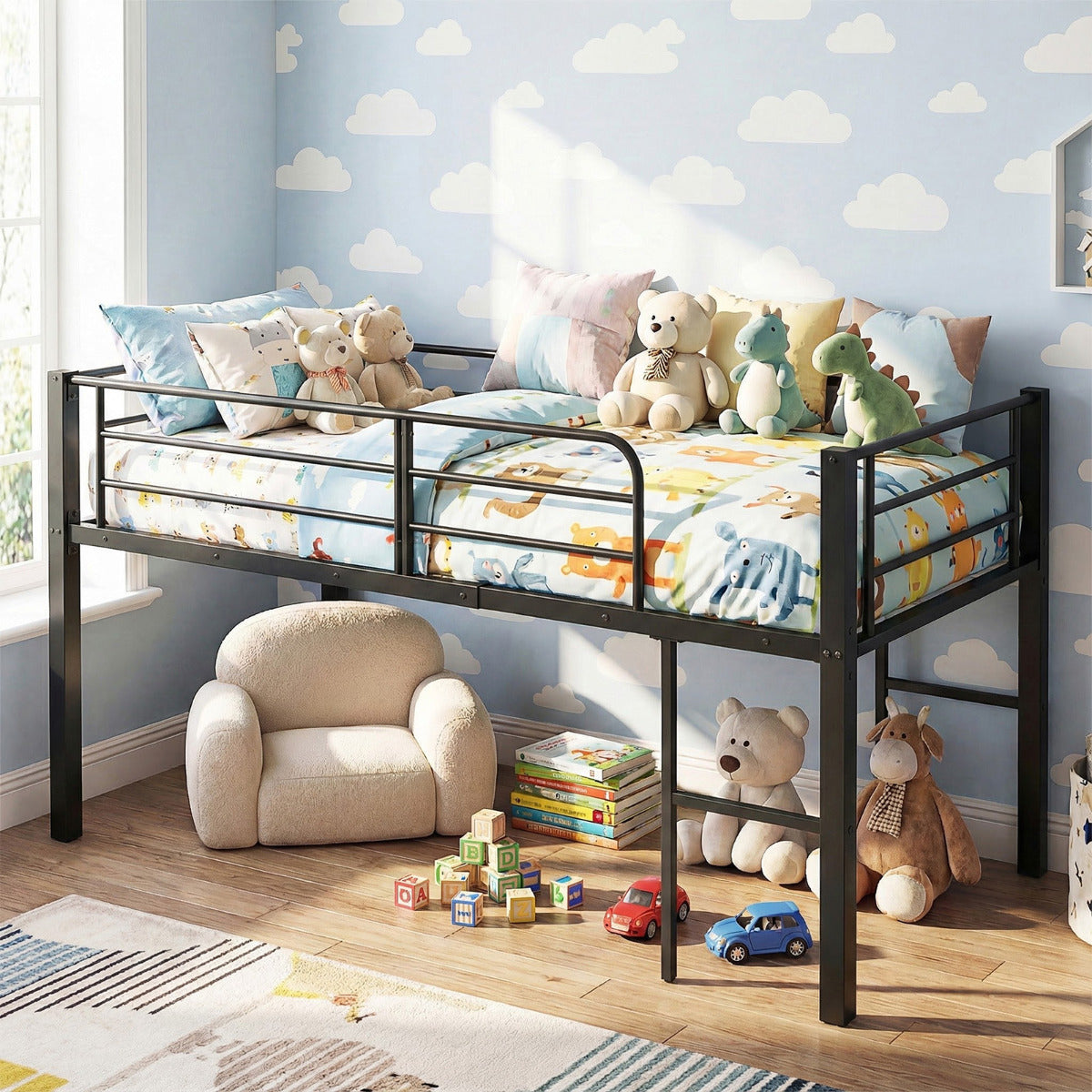 Single Size Low Loft Bed Metal Bed Frame with Safety Guardrails and 2 Ladders-White