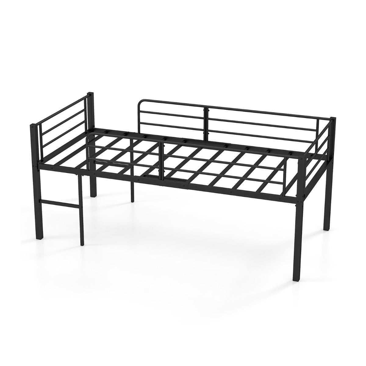 Single Size Low Loft Bed Metal Bed Frame with Safety Guardrails and 2 Ladders-White
