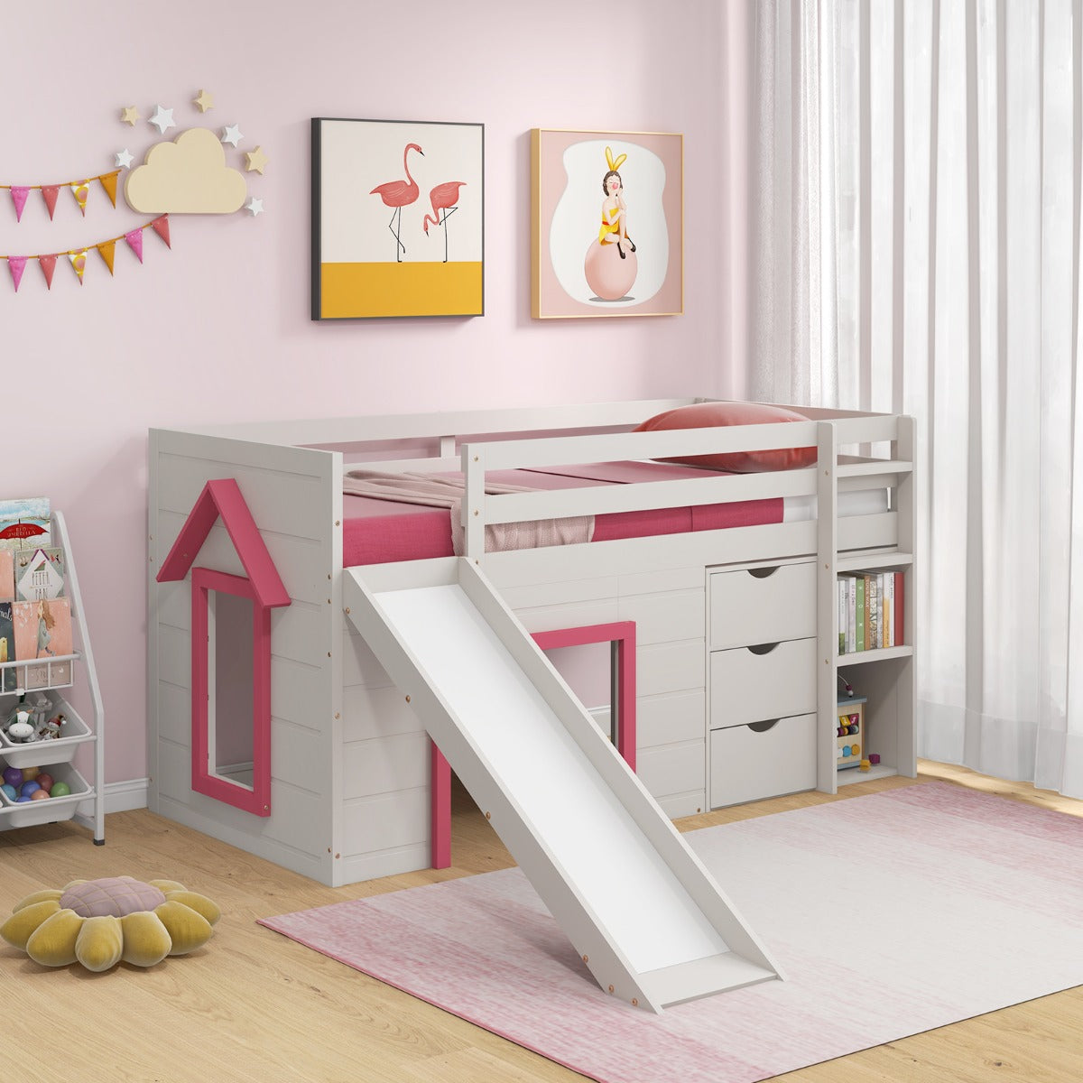 Single Size Pine Wood Loft Bed with Slide and Ladder and Game House-Blue