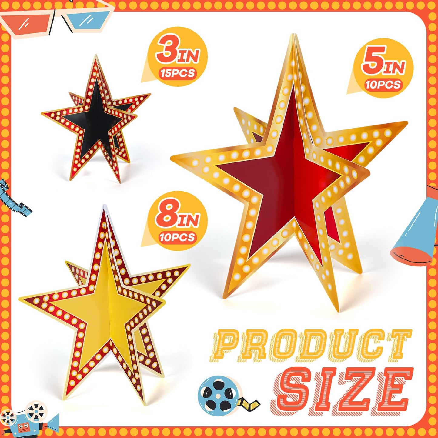 Sinload 45 Pcs 3D Glitter Star Decorations – 3 Sizes for Back-to-School, Graduation, and Party Tables