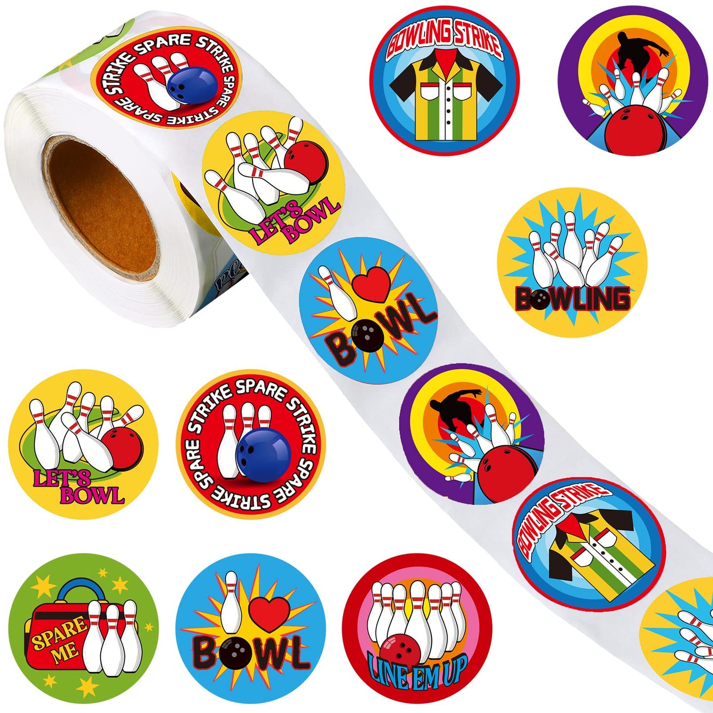 Sinmoe Bowling Stickers Roll – 500 Pcs, 8 Designs for Party Favors & DIY Labels