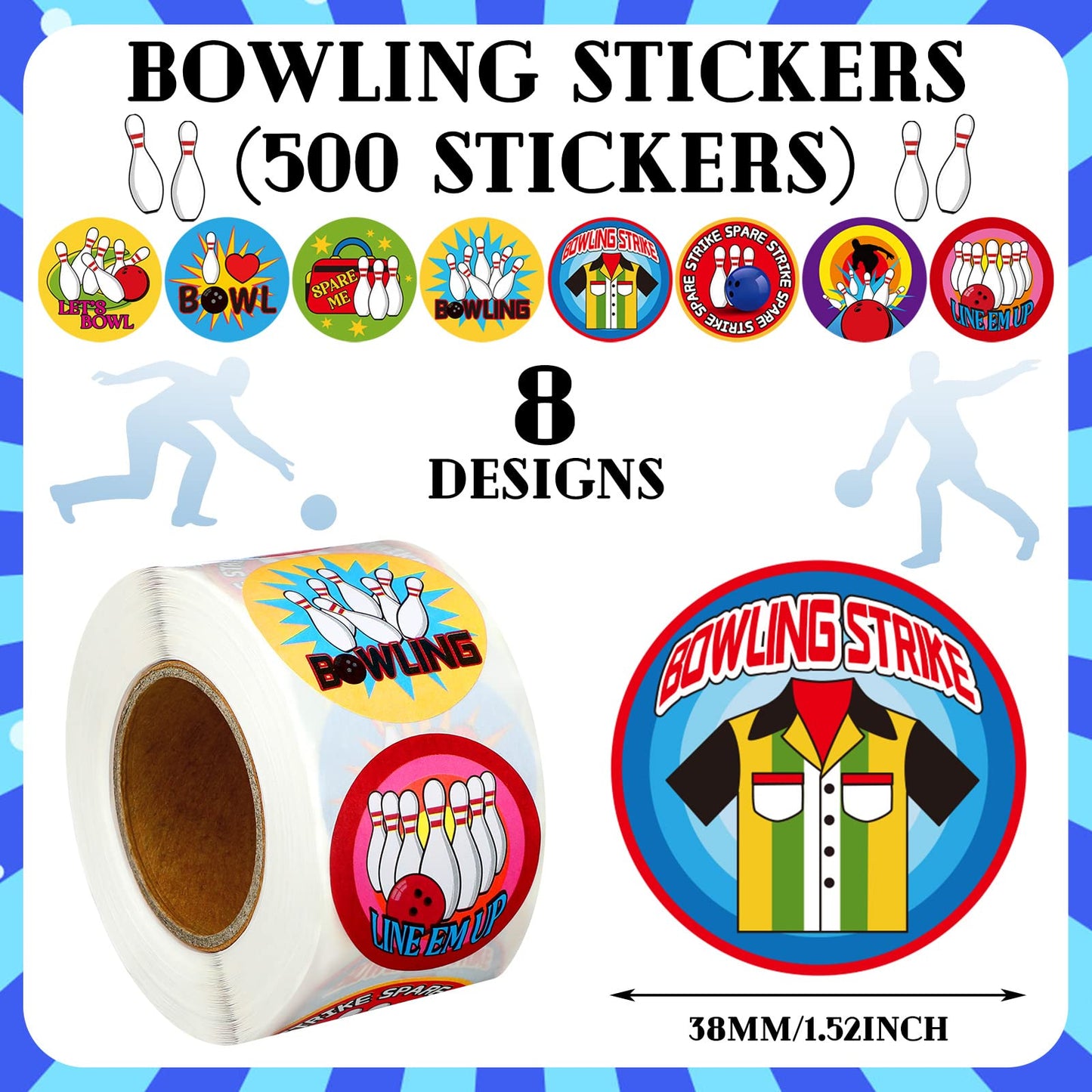 Sinmoe Bowling Stickers Roll – 500 Pcs, 8 Designs for Party Favors & DIY Labels