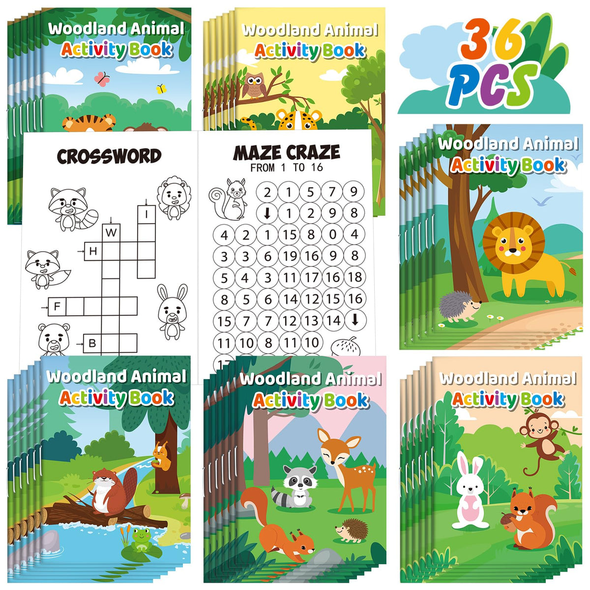 Sinmoe 36 Pcs Woodland Animals Mini Activity Books – Party Favors, Coloring, Mazes & More