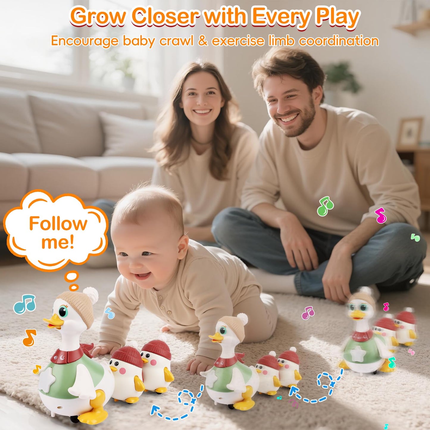 Sinpedex Musical Lullaby Crawling Duck Toy – Waddling Baby Toy with Calming Lights for Tummy Time & Crawling