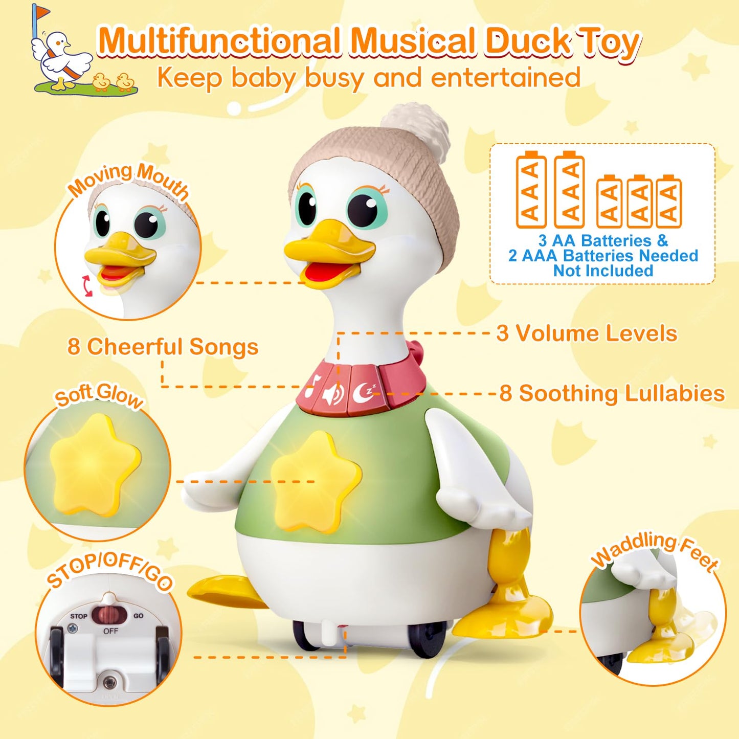 Sinpedex Musical Lullaby Crawling Duck Toy – Waddling Baby Toy with Calming Lights for Tummy Time & Crawling