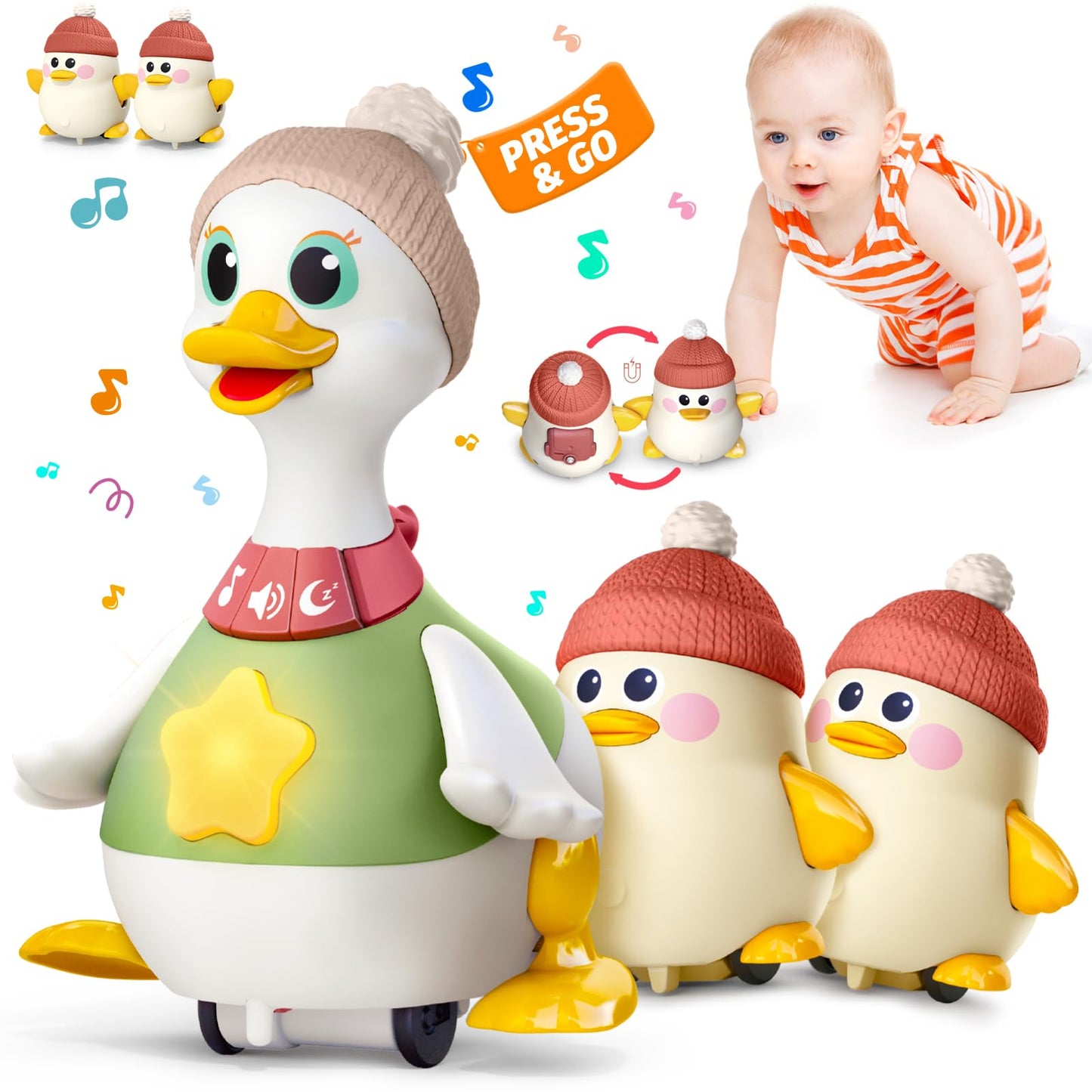 Sinpedex Musical Lullaby Crawling Duck Toy – Waddling Baby Toy with Calming Lights for Tummy Time & Crawling