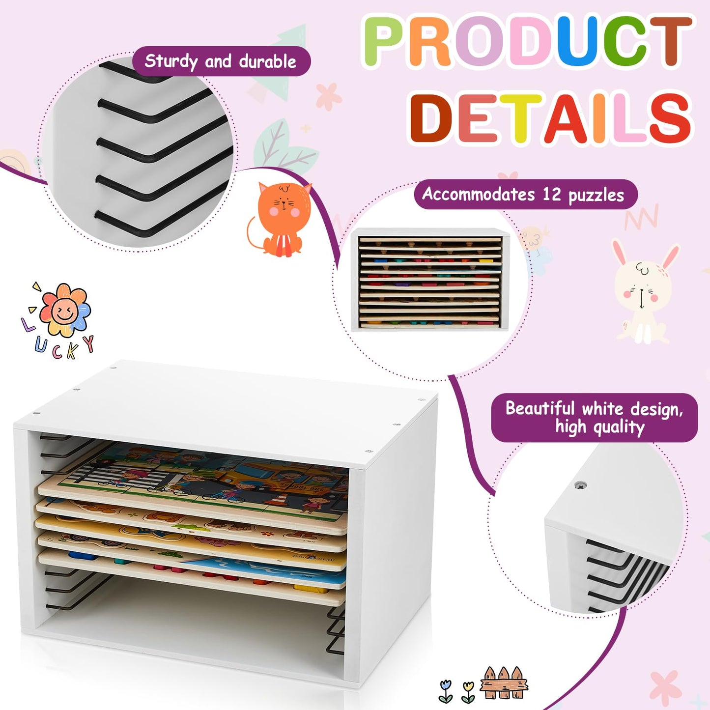 Sintuff Puzzle Holder Rack – White Wooden Jigsaw Organizer for 12 Puzzles