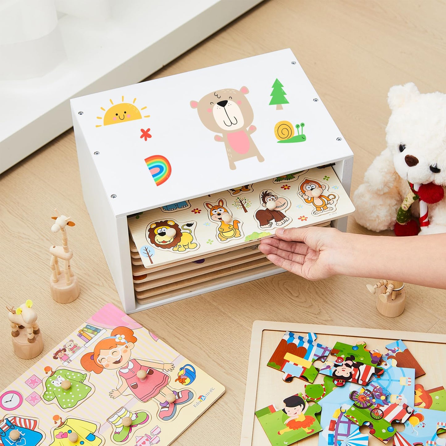 Sintuff Puzzle Holder Rack – White Wooden Jigsaw Organizer for 12 Puzzles