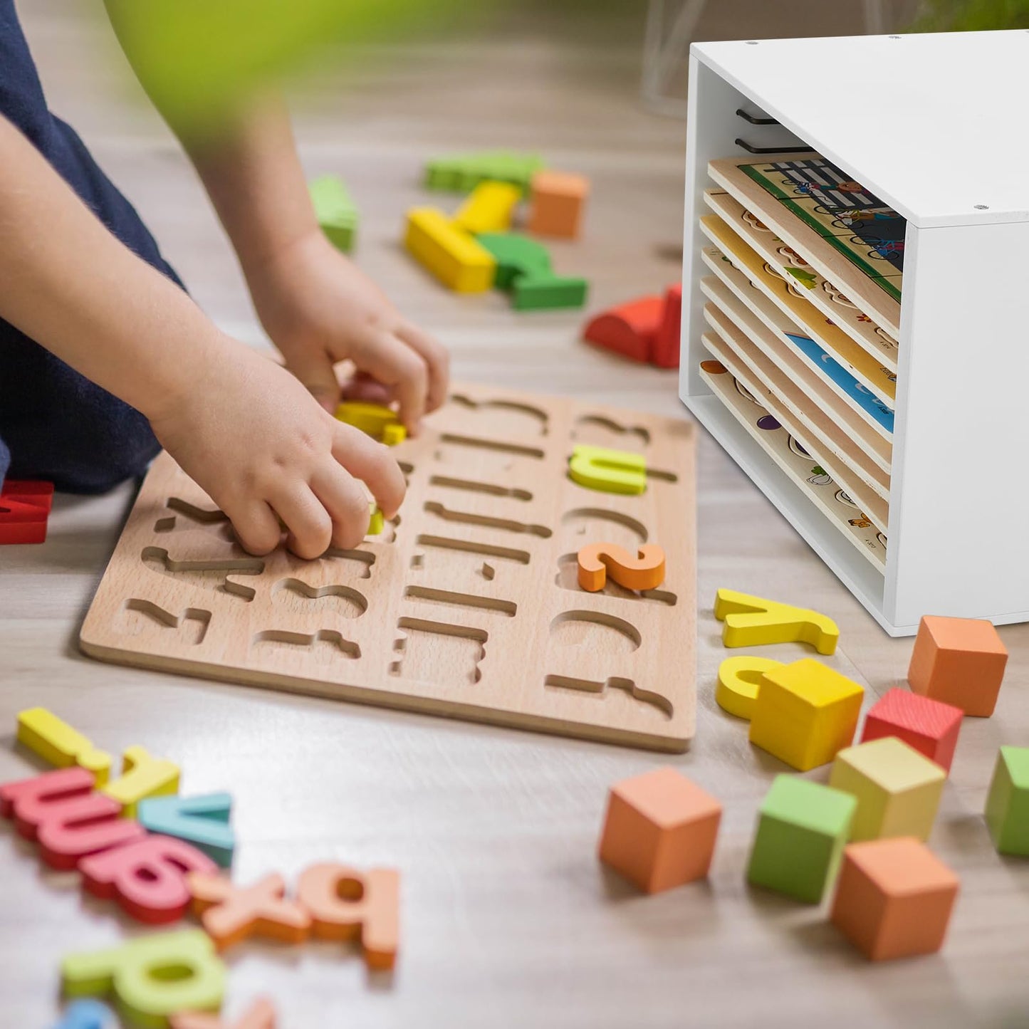 Sintuff Puzzle Holder Rack – White Wooden Jigsaw Organizer for 12 Puzzles
