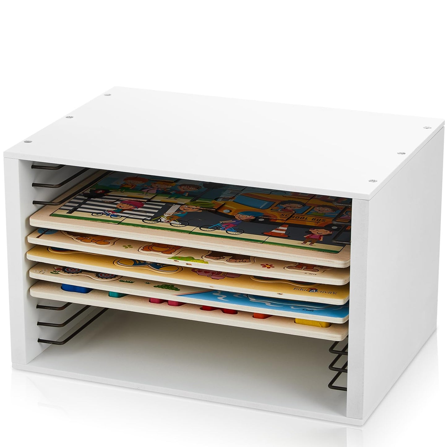 Sintuff Puzzle Holder Rack – White Wooden Jigsaw Organizer for 12 Puzzles
