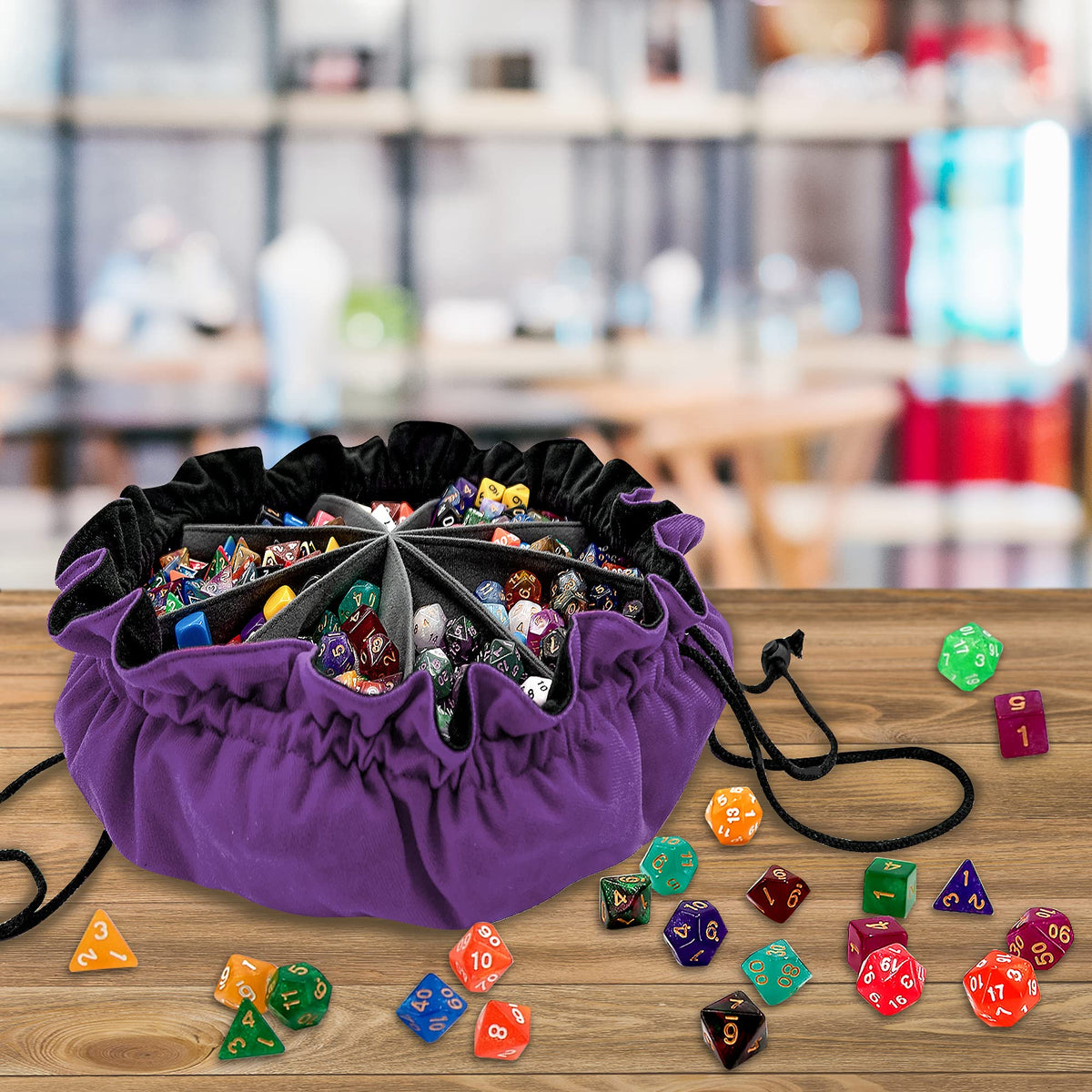 SIQUK Large Dice Bag with Pockets – Holds 300+ Dice, 9 Compartments, Dark Violet