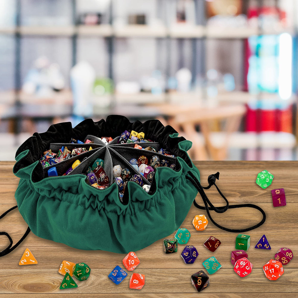 SIQUK Large Dice Bag with Pockets – 300+ Dice, 9 Compartments, Drawstring, Dark Green