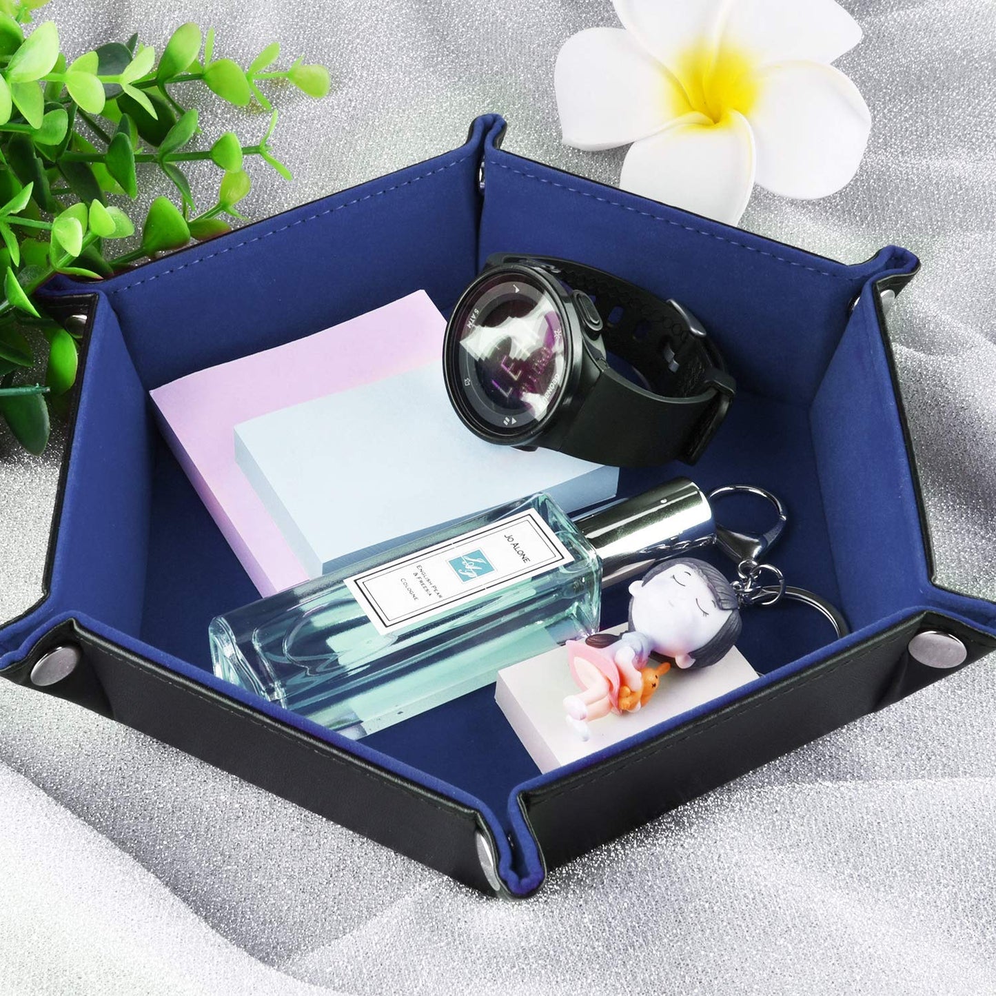 SIQUK Double Sided Dice Tray – Hexagon, Velvet Interior, Leather Exterior (Blue)