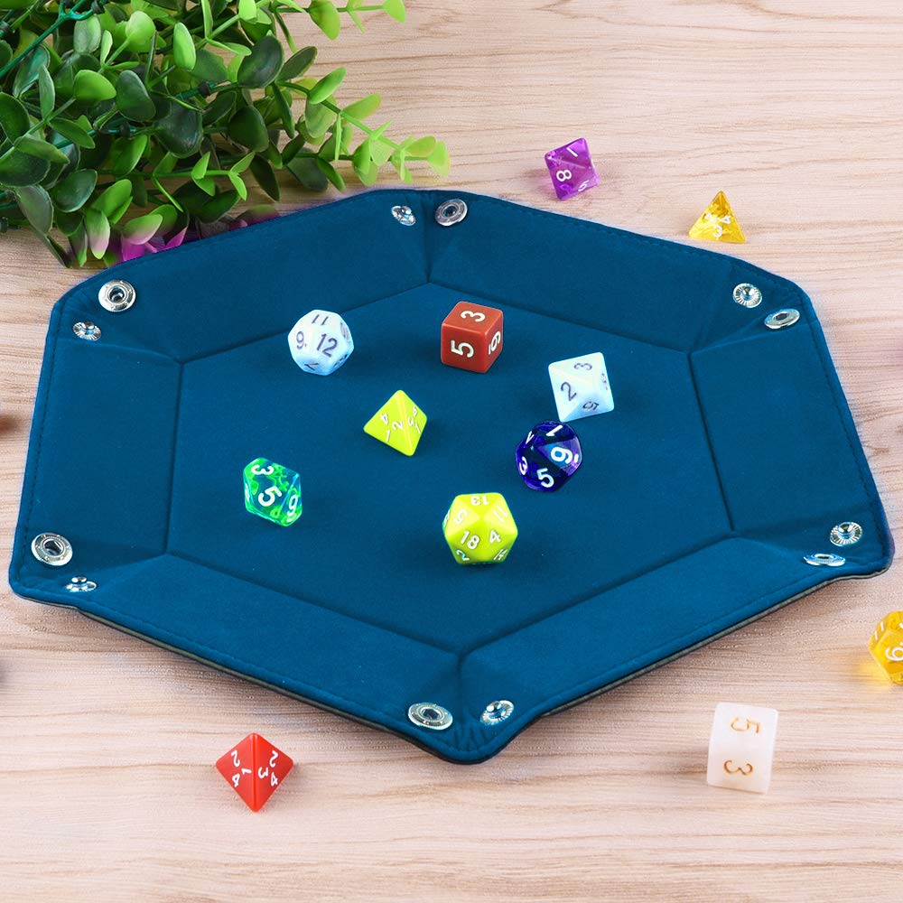 SIQUK Double Sided Hexagon Dice Tray – Velvet Interior & PU Leather Exterior, Folding DND Dice Holder, Sky Blue
