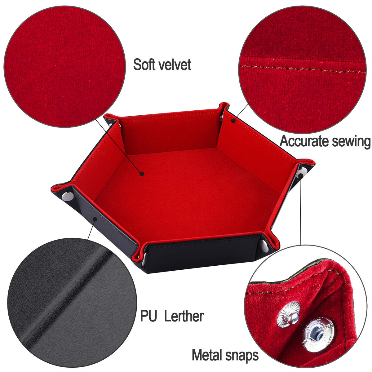 SIQUK Double Sided Dice Tray — Folding Hexagon PU Leather & Burgundy Velvet for D&D and Tabletop Gaming