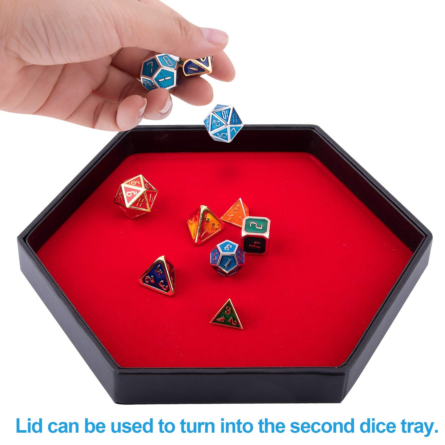 SIQUK Hexagon Dice Tray with Lid - Red Dice Rolling Tray for RPGs & DND