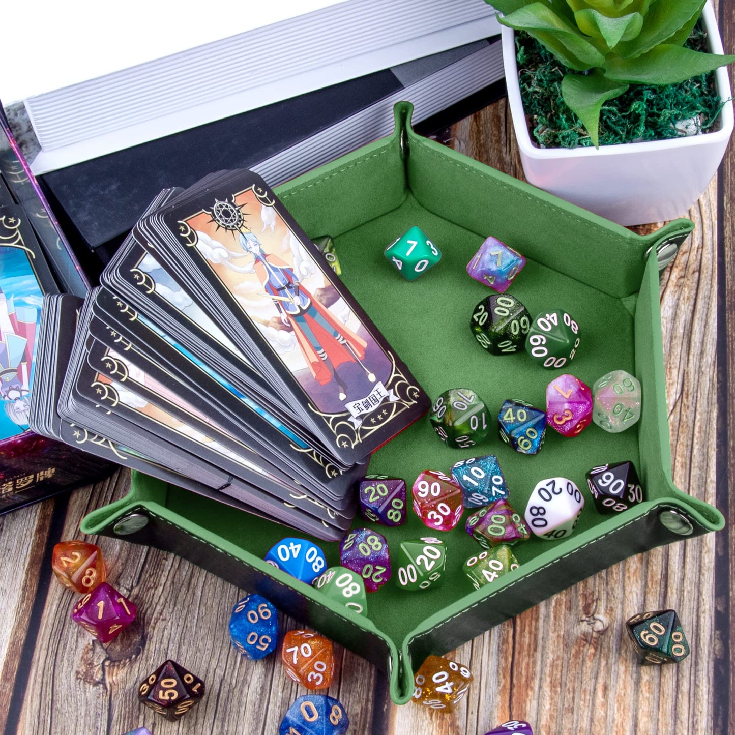 SIQUK 2-Piece Dice Tray | Portable Hexagon PU Leather Dice Roller Tray for RPG & DND – Green & Camel