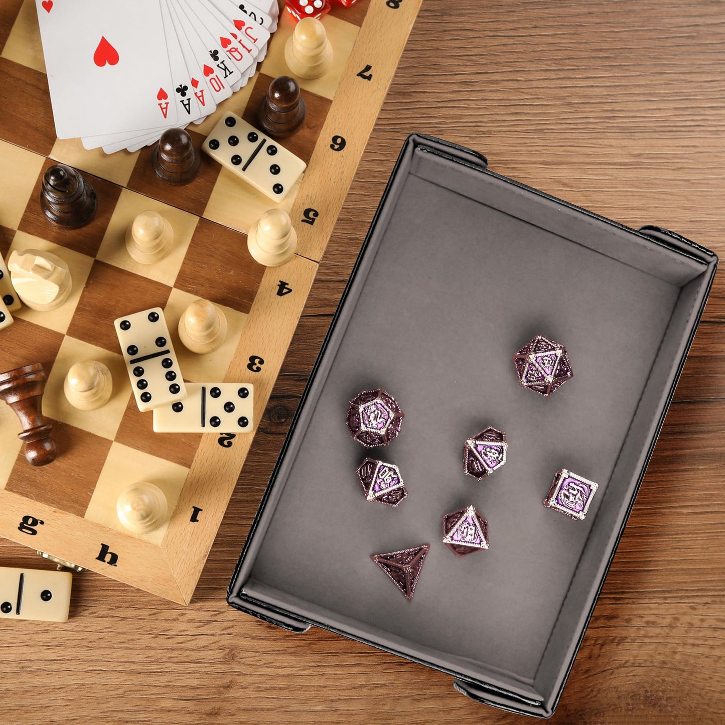 SIQUK Magnetic Folding Dice Tray – Rectangle PU Leather, Foldable Gray D&D Rolling Tray