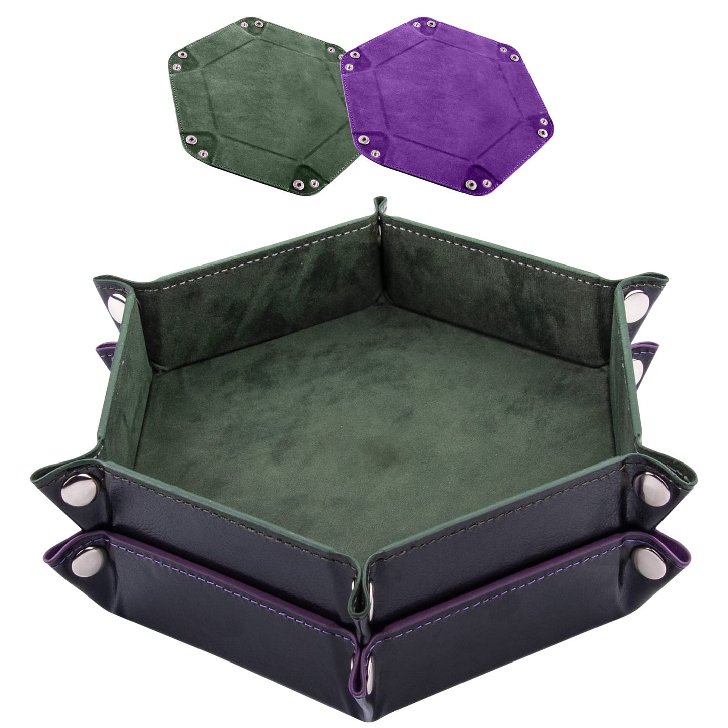 SIQUK 2 Pieces Dice Tray – Foldable Hexagon PU Leather, Dark Green & Violet
