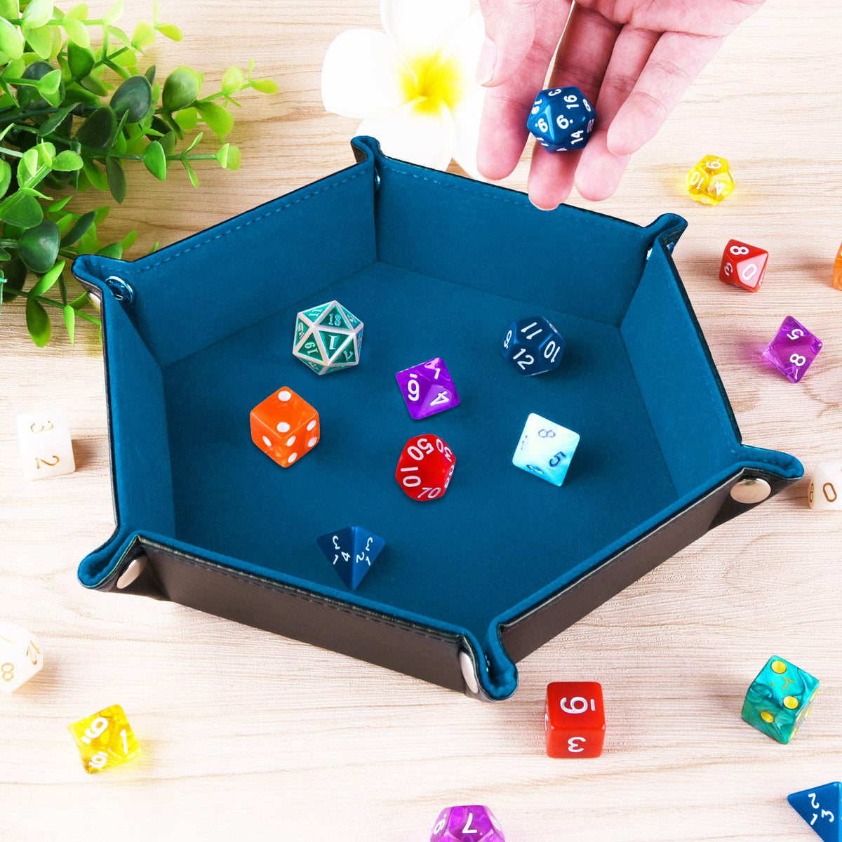 SIQUK Double Sided Hexagon Dice Tray – Velvet Interior & PU Leather Exterior, Folding DND Dice Holder, Sky Blue