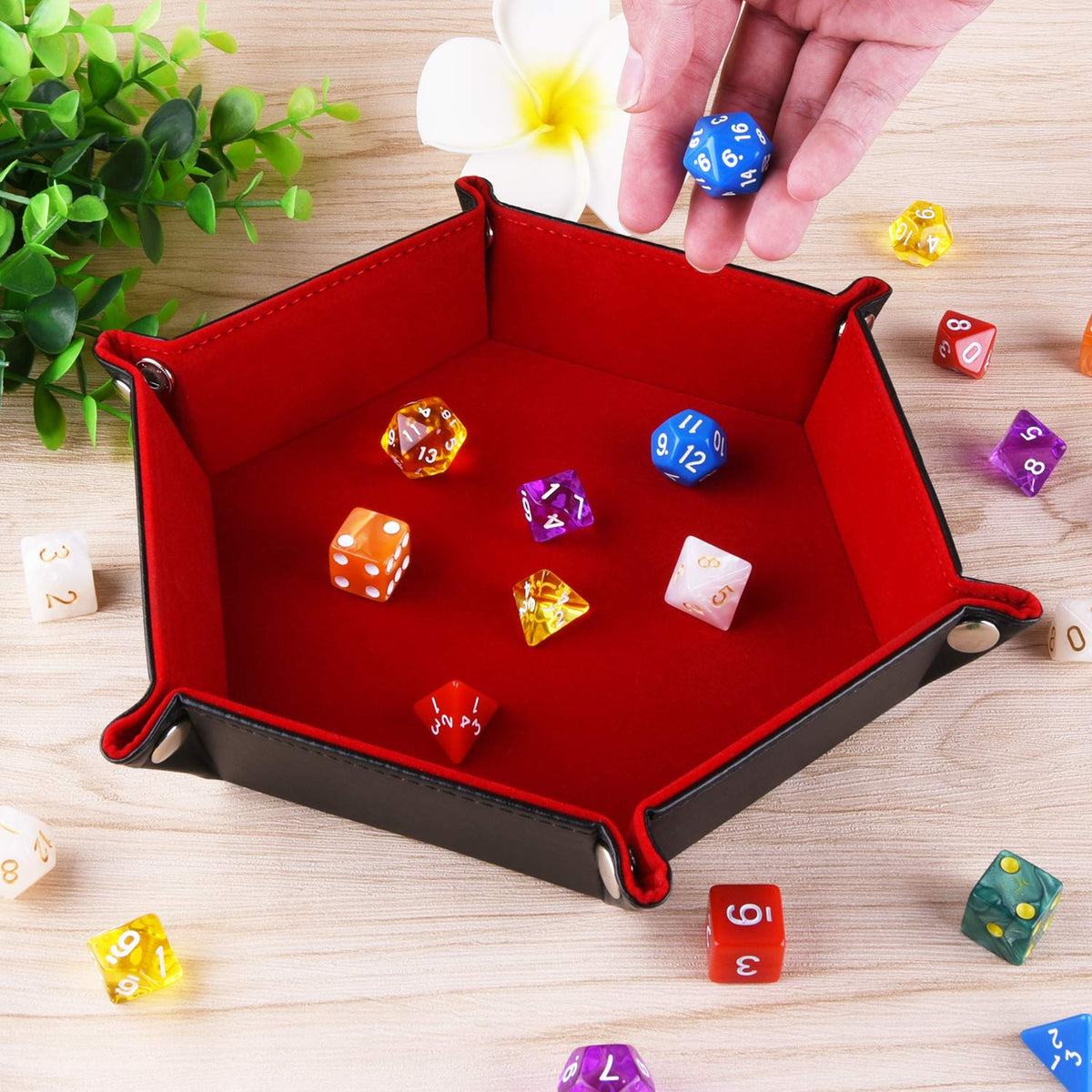 SIQUK Double Sided Dice Tray — Folding Hexagon PU Leather & Burgundy Velvet for D&D and Tabletop Gaming