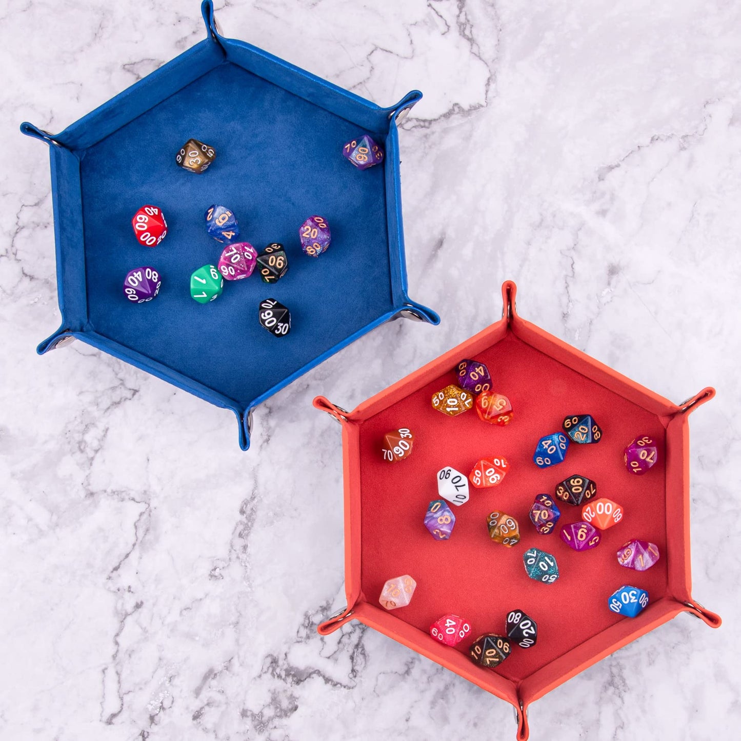 SIQUK 2-Piece Dice Tray – PU Leather Folding Hexagon Dice Holder (Royal Blue & Orange)