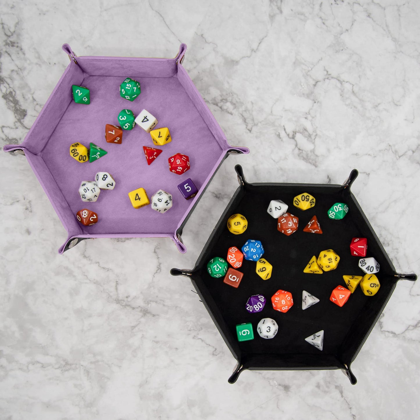 SIQUK 2-Piece Dice Tray – Folding Hexagon PU Leather Dice Roller Tray (Lilac & Black) for RPG and Table Games