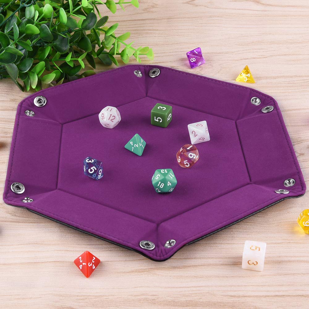 SIQUK Double Sided Dice Tray – Folding Hexagon PU Leather & Velvet Dice Holder (Dark Violet)