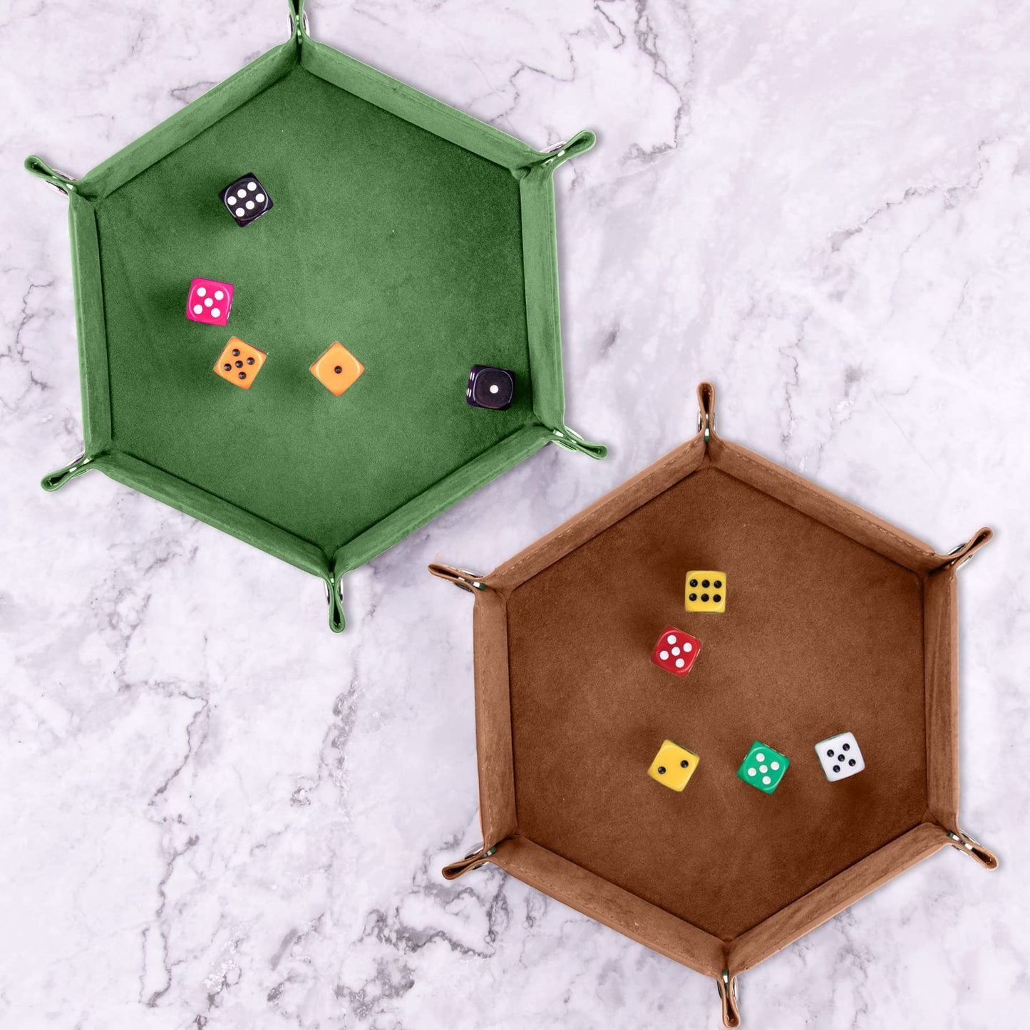 SIQUK 2-Piece Dice Tray | Portable Hexagon PU Leather Dice Roller Tray for RPG & DND – Green & Camel
