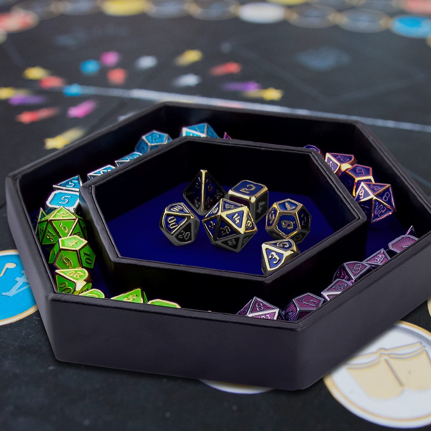 SIQUK Hexagon Dice Tray with Lid – Velvet Interior, PU Leather, 8.07 x 7 x 1.2 in